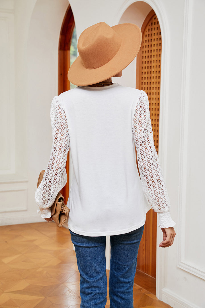 Contrast lace V-neck blouse with crochet long sleeves