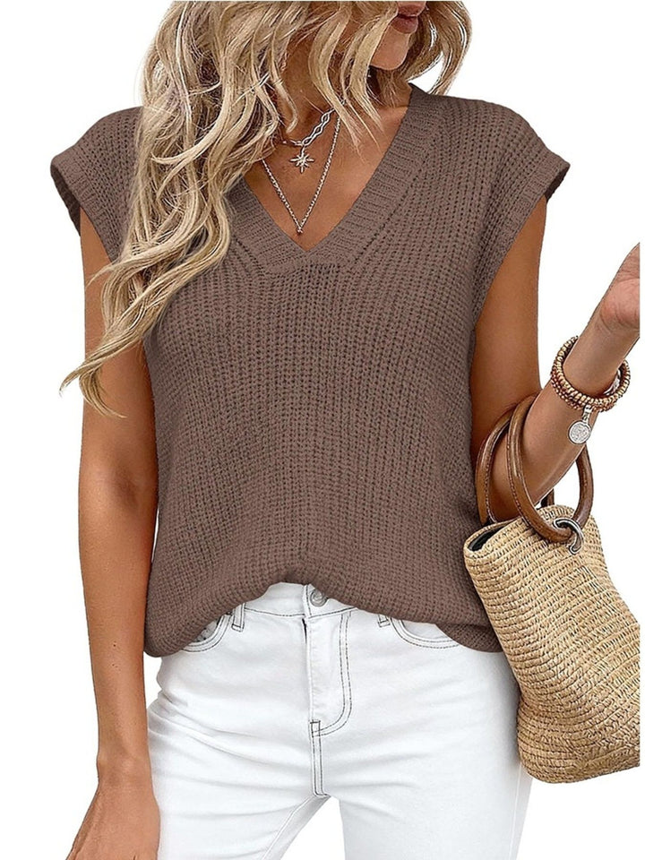 Brown V-neck cap sleeve waffle knit sweater vest