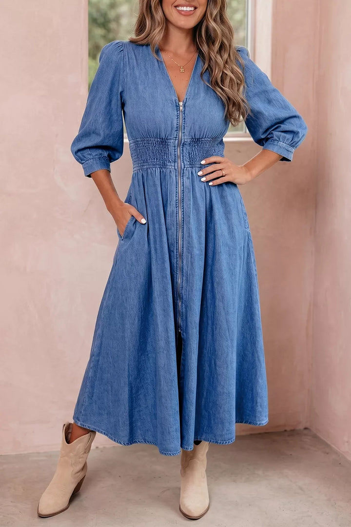 Peacock  Blue Zip-front denim midi dress with smocked waist and puff sleeves