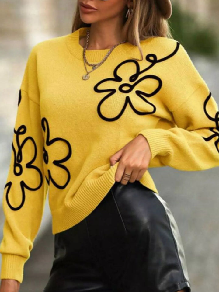 Line-drawn floral drop shoulder knit pullover sweater
