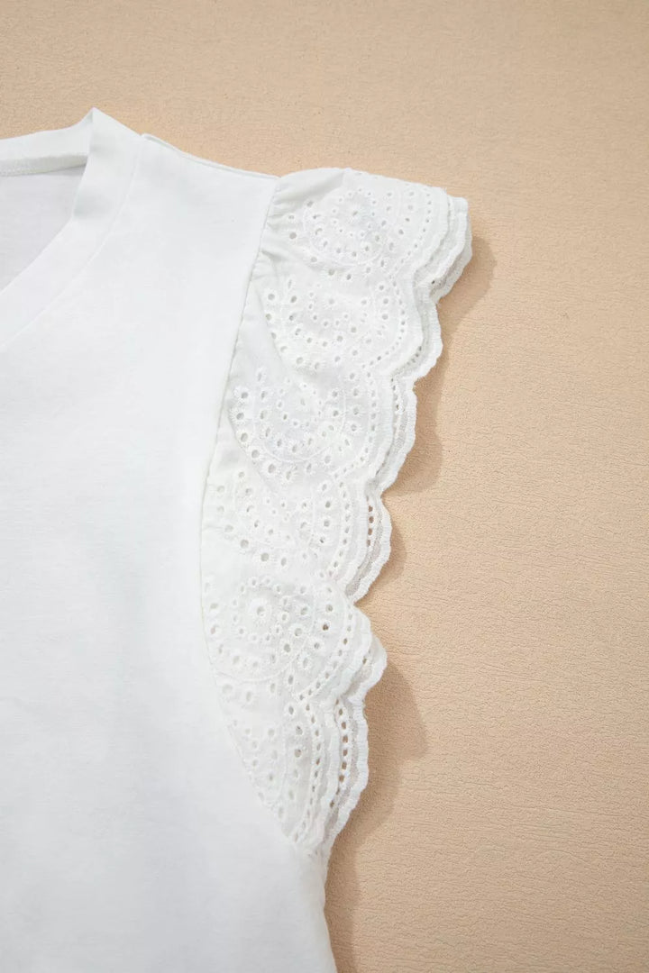 V-neck tee with eyelet embroidered flutter sleeves