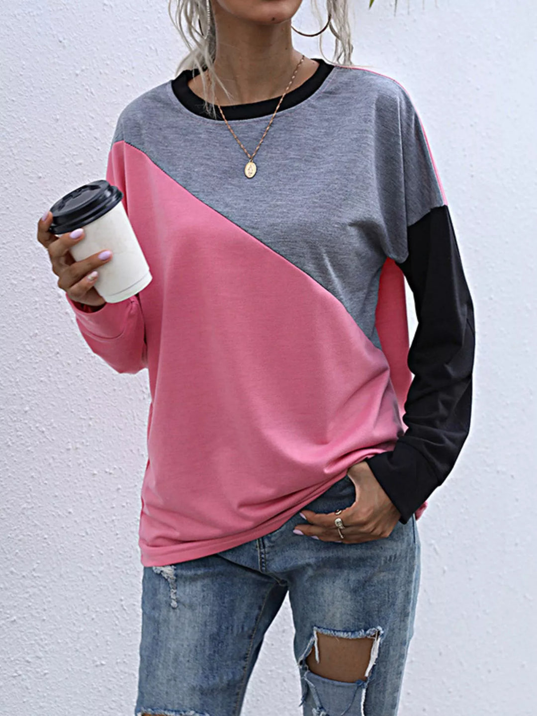 Color block crew neck sweatshirt with drop shoulders