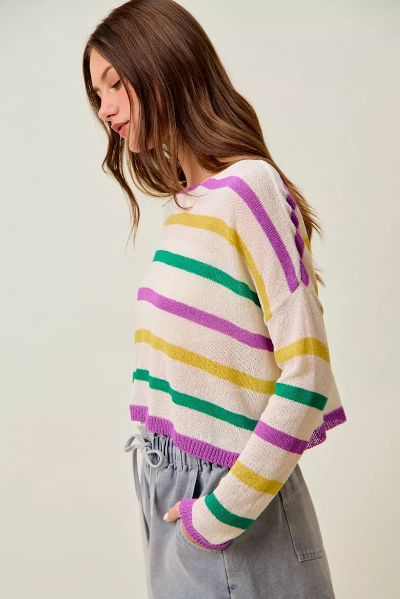 Color stripe lightweight knit sweater with boat neck