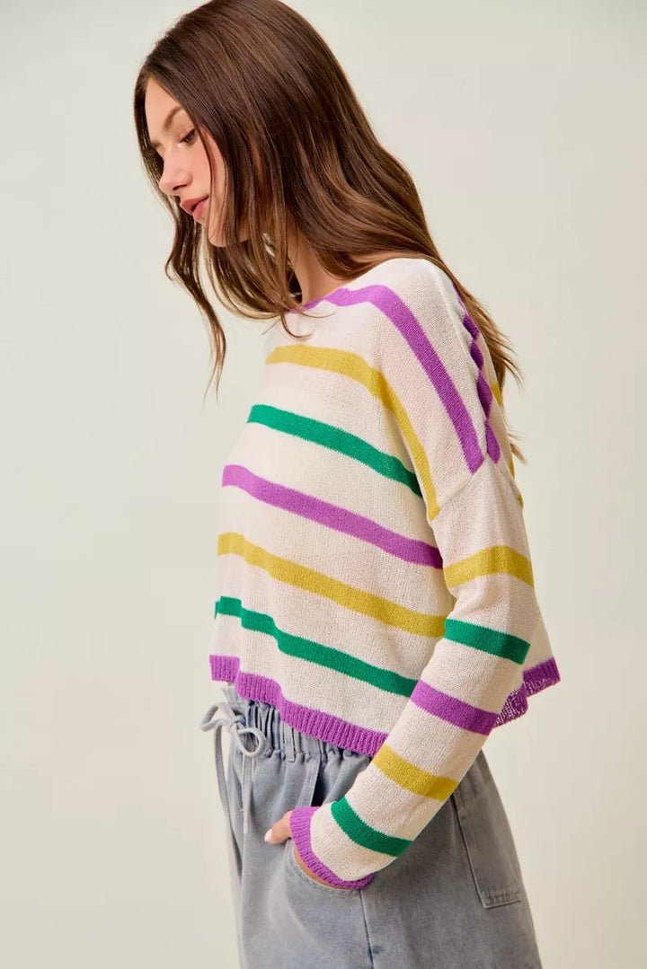 Color stripe lightweight knit sweater with boat neck