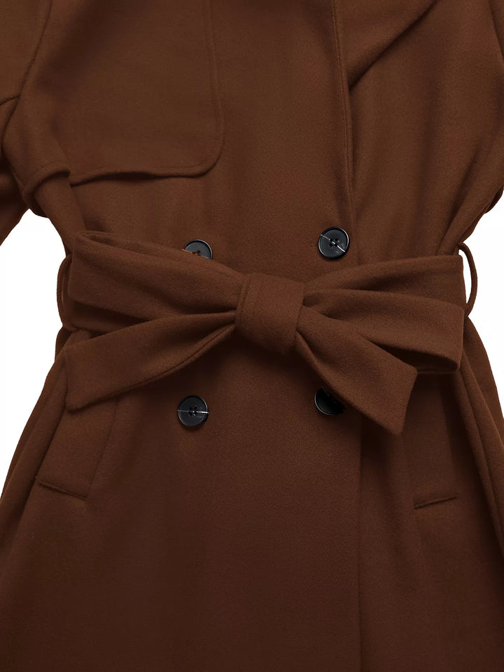 Double-breasted belted longline coat with notch lapel