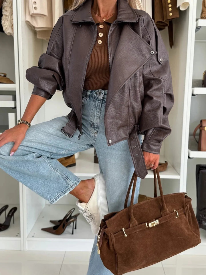 Brown Oversized faux leather moto jacket with belted hem