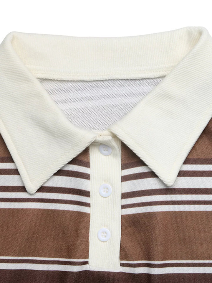 Striped drop shoulder polo sweatshirt with button placket