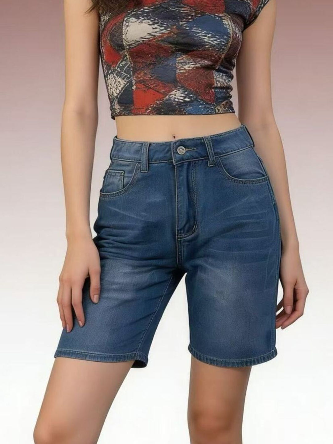 Blue High-rise bermuda denim shorts with whiskered front