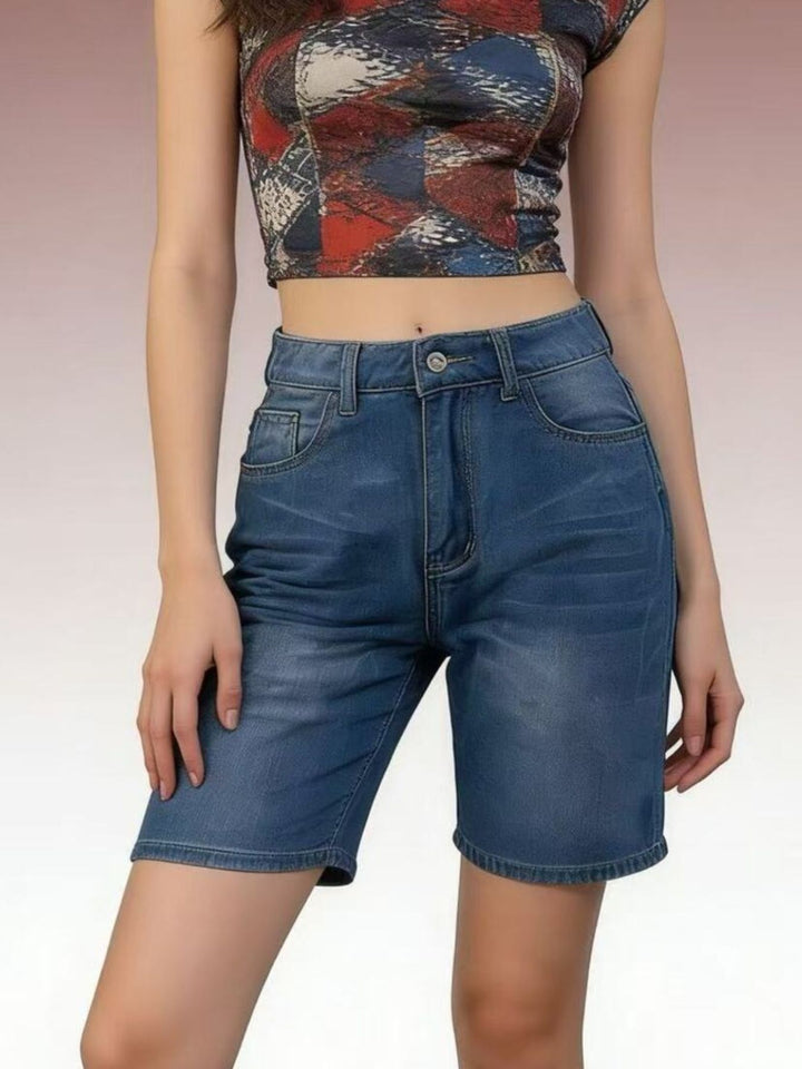 Blue High-rise bermuda denim shorts with whiskered front