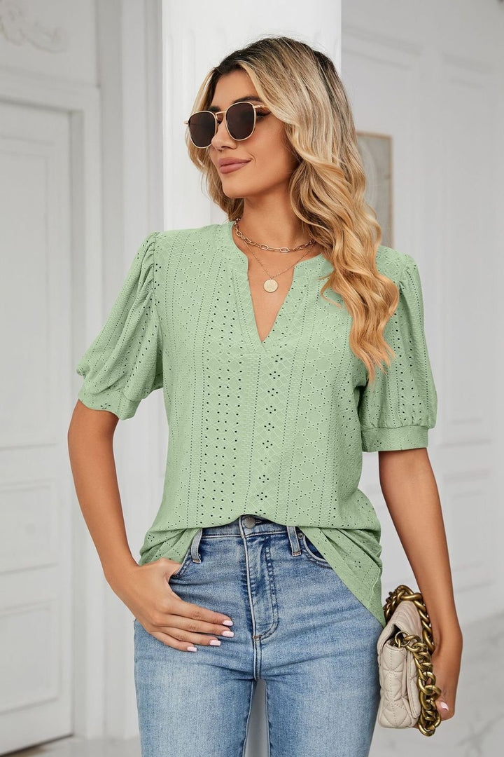 Green Eyelet puff sleeve top with notched V-neck