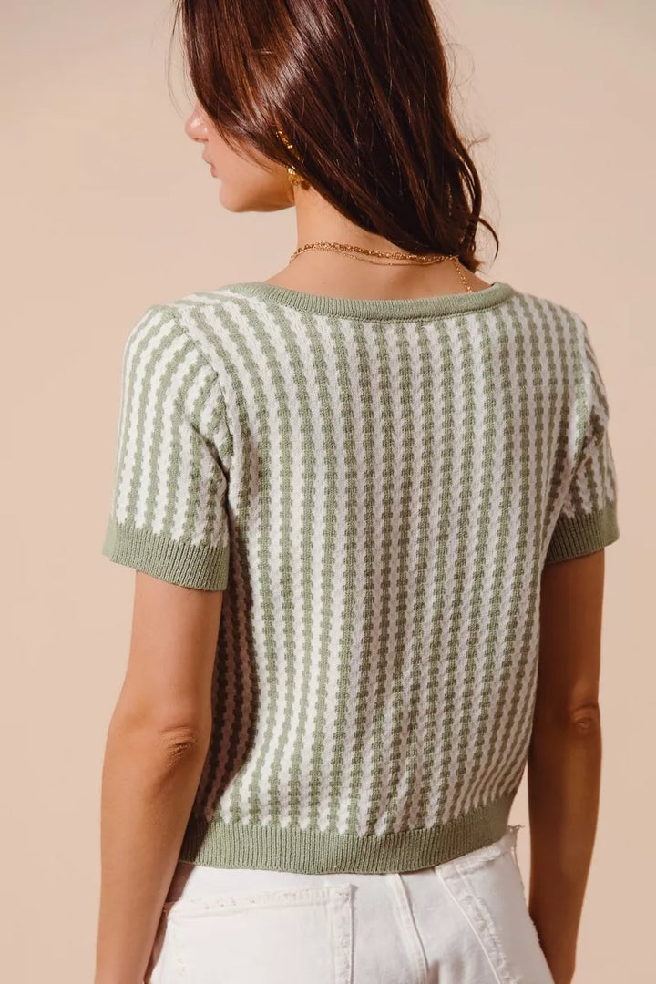 Tie-front striped short sleeve knit cardigan