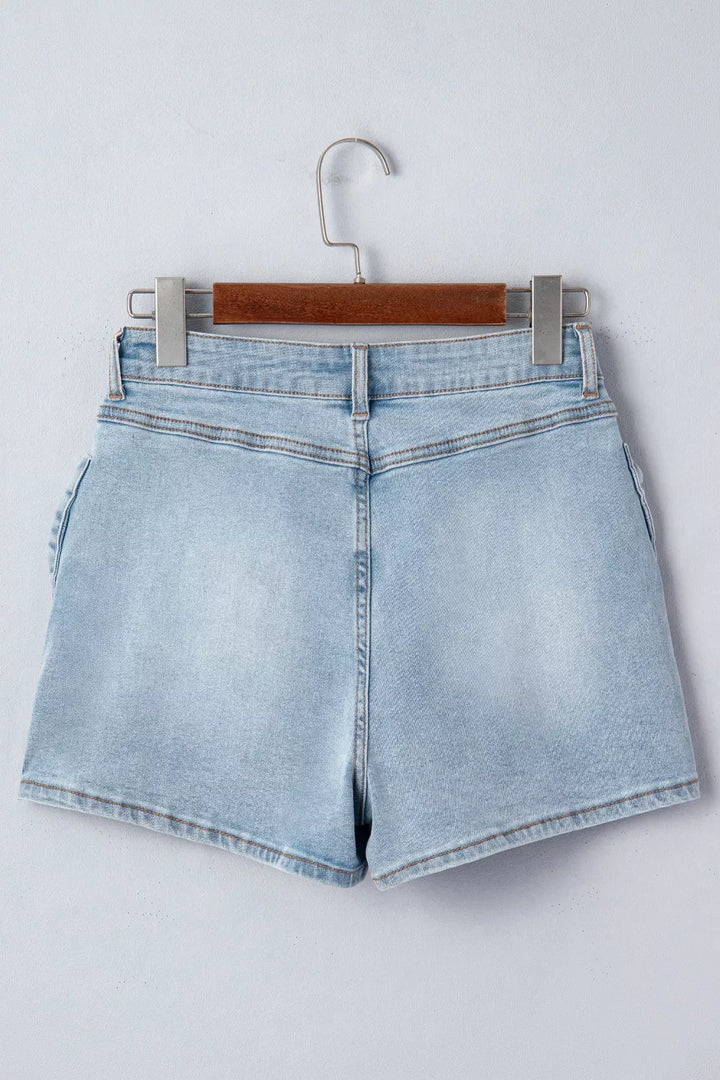 Mid-rise denim shorts with bow-tied front patch pockets
