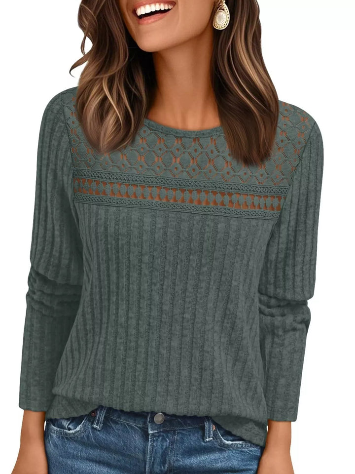 Ribbed knit long sleeve top with lace yoke