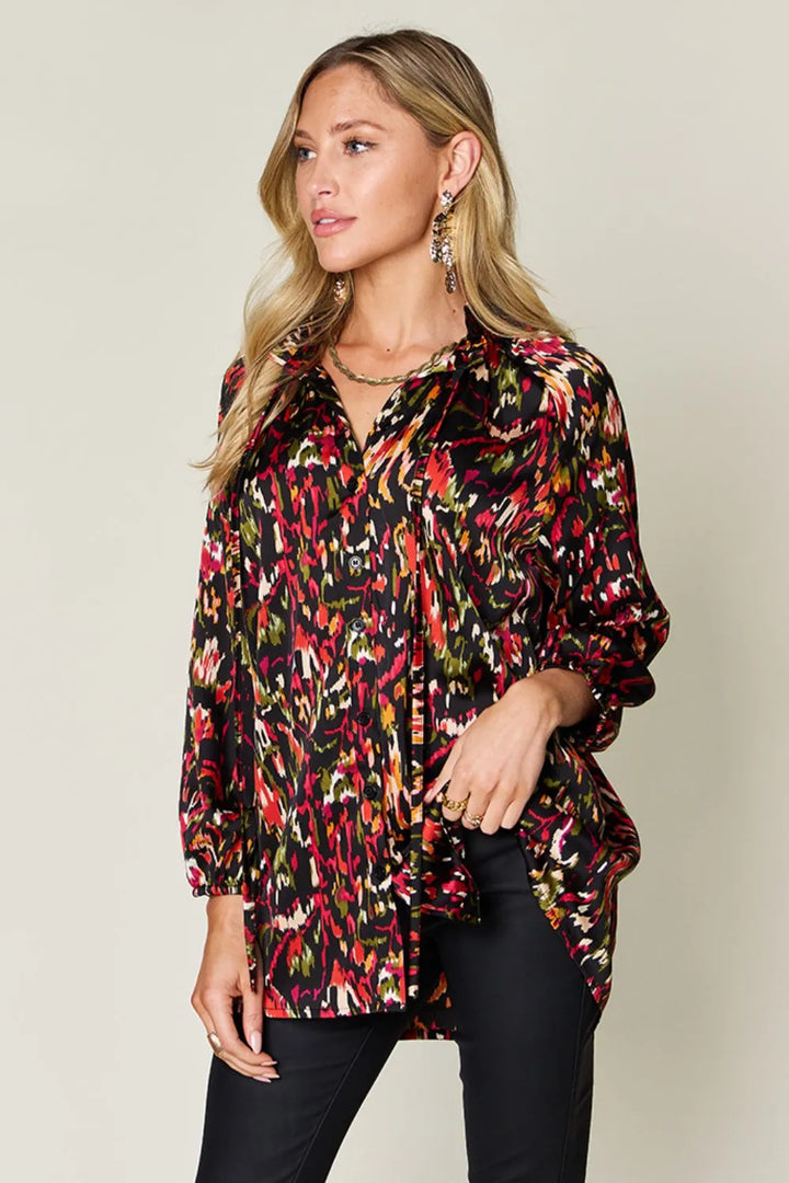 Black Abstract print button-up shirt with tie neck and long sleeves