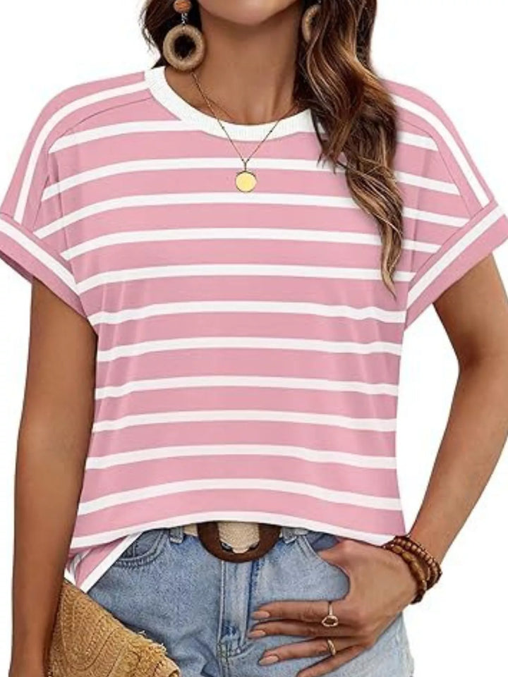 Pink Multicolor striped crew neck short sleeve t-shirt
