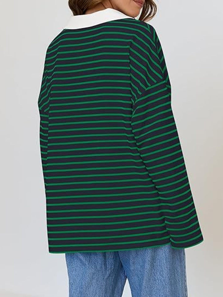Striped oversized long sleeve top with contrast collar