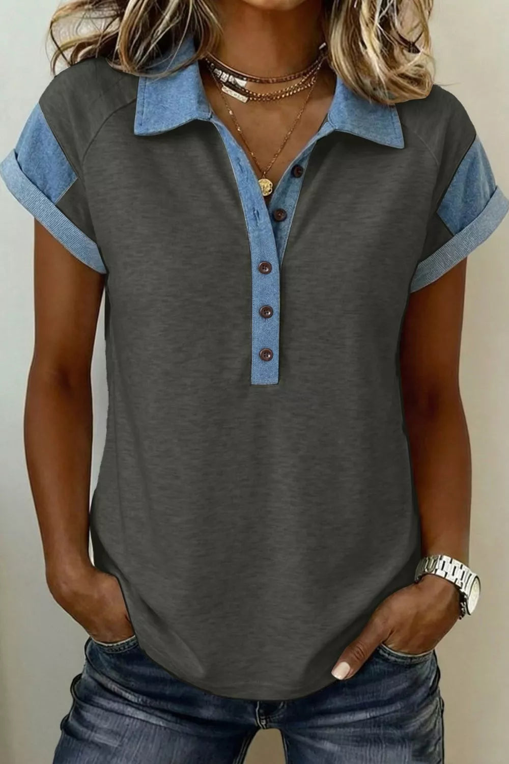 Dark Gray Color block polo tee with denim contrast collar and button placket