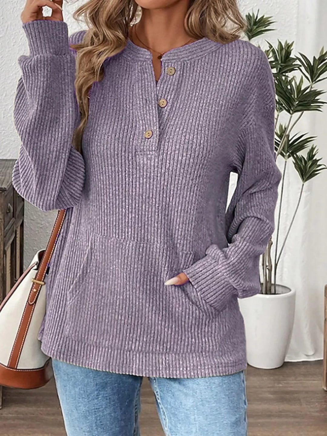 Lavender Ribbed knit long sleeve henley top with button placket