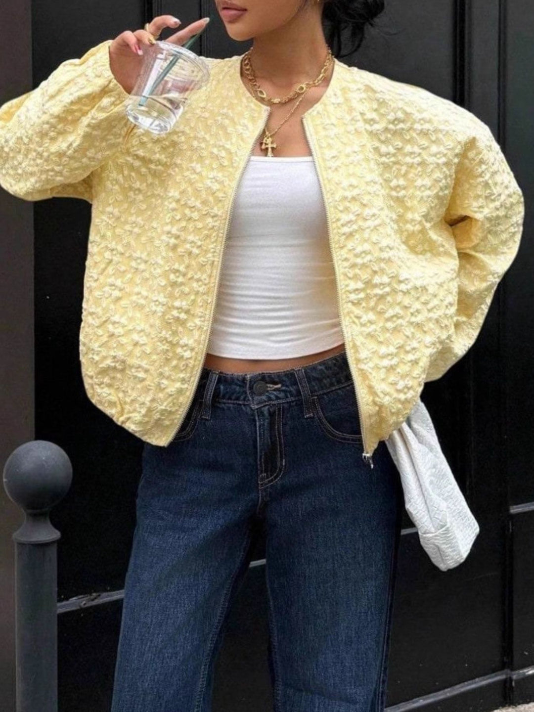 Floral textured zip-up collarless cropped jacket
