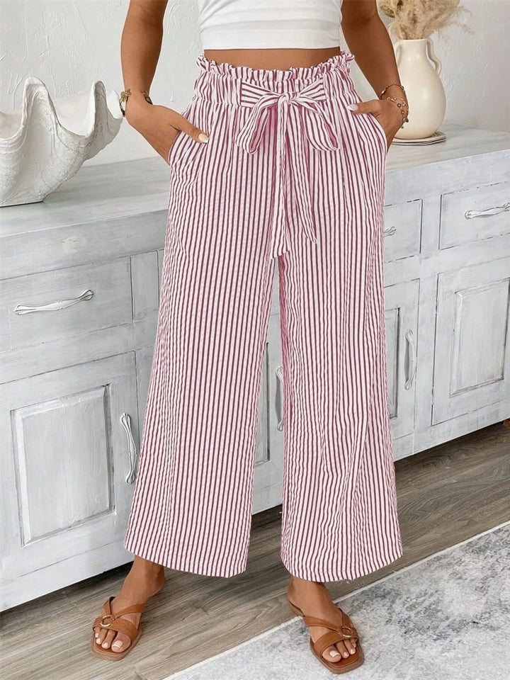 Dusty Pink Striped wide-leg paper bag pants with tie belt