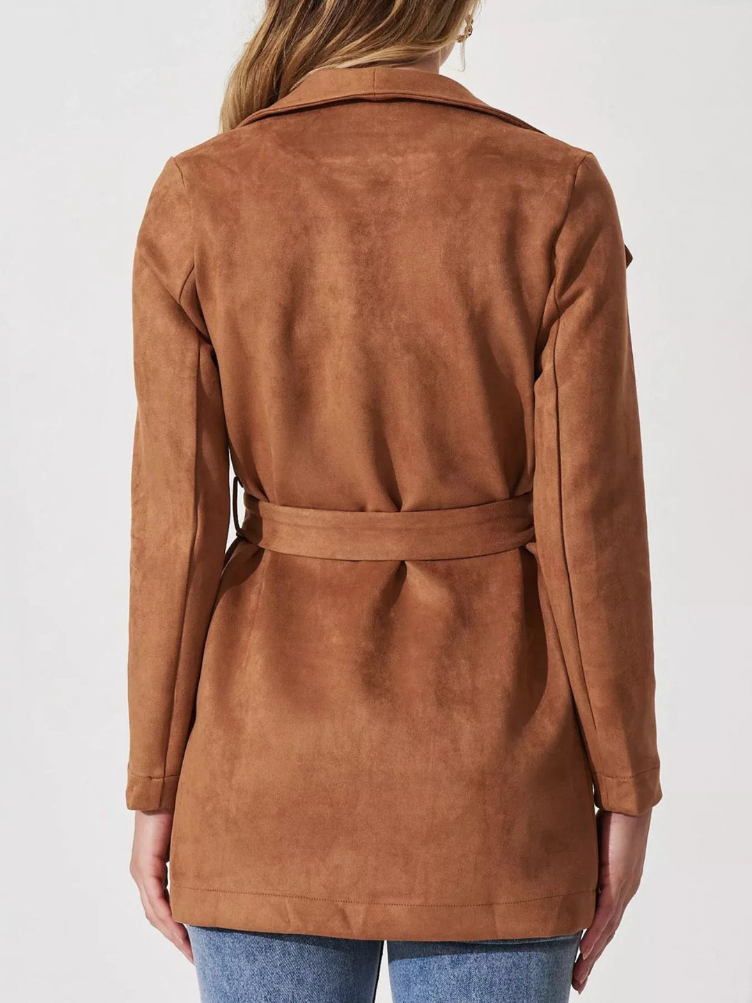 Faux suede waterfall collar jacket with tie belt