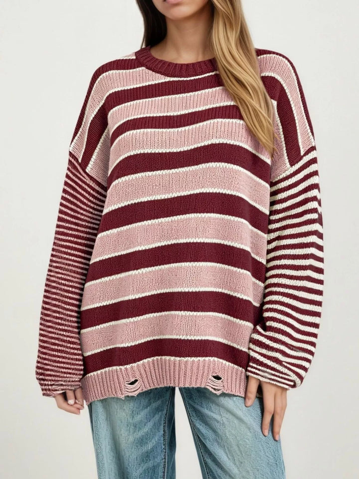 Deep Red Distressed striped oversized knit sweater with raw hem