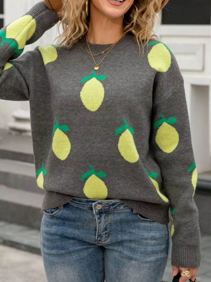 Lemon motif crew neck knit sweater with ribbed trim