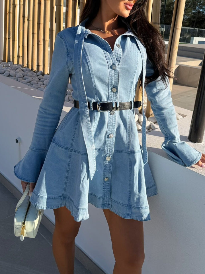 Button-front denim shirt dress with flounce sleeves