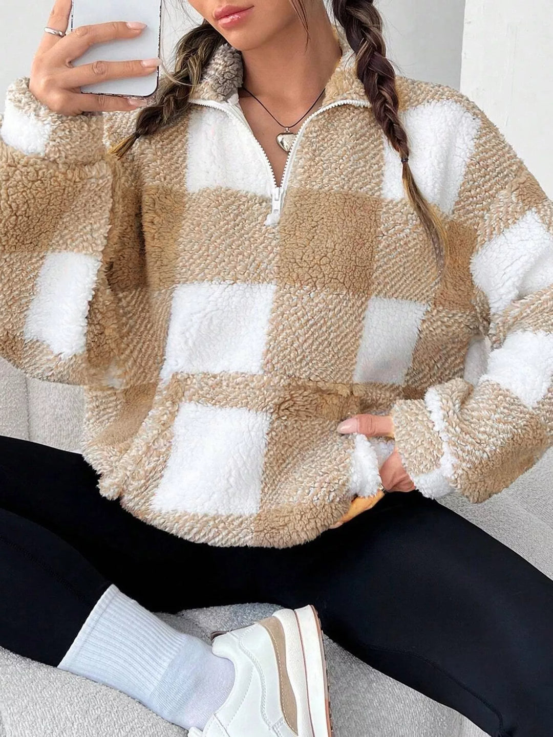 Plaid sherpa quarter-zip pullover with front pocket