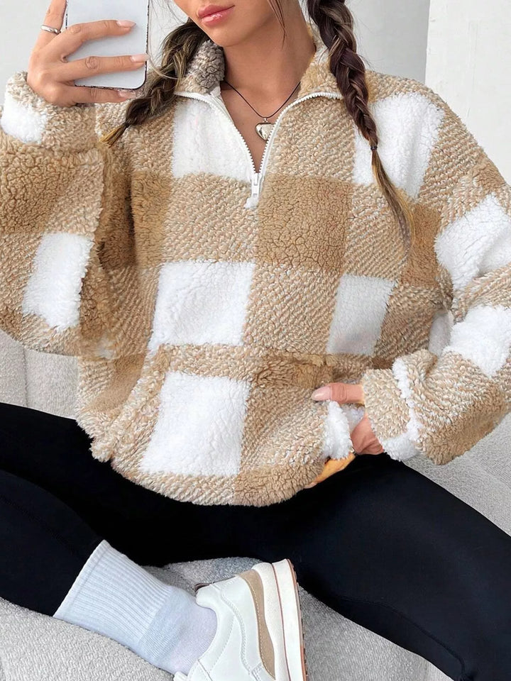 Plaid sherpa quarter-zip pullover with front pocket