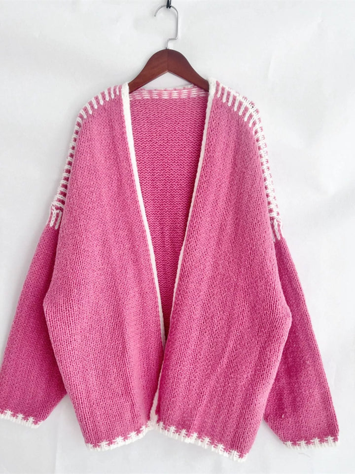 Contrast whipstitch trim open front knit cardigan