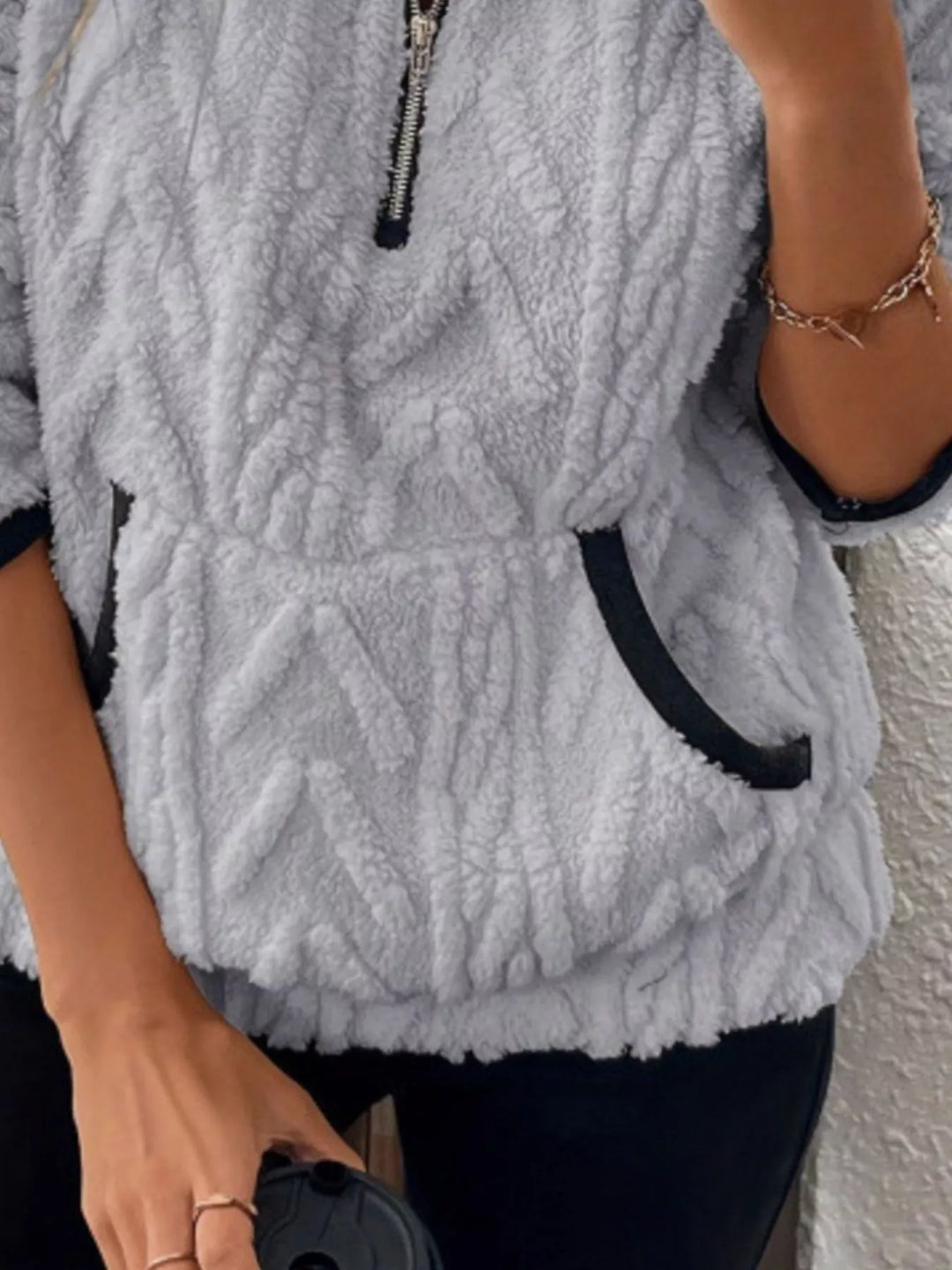 Textured sherpa half-zip pullover with contrast trim