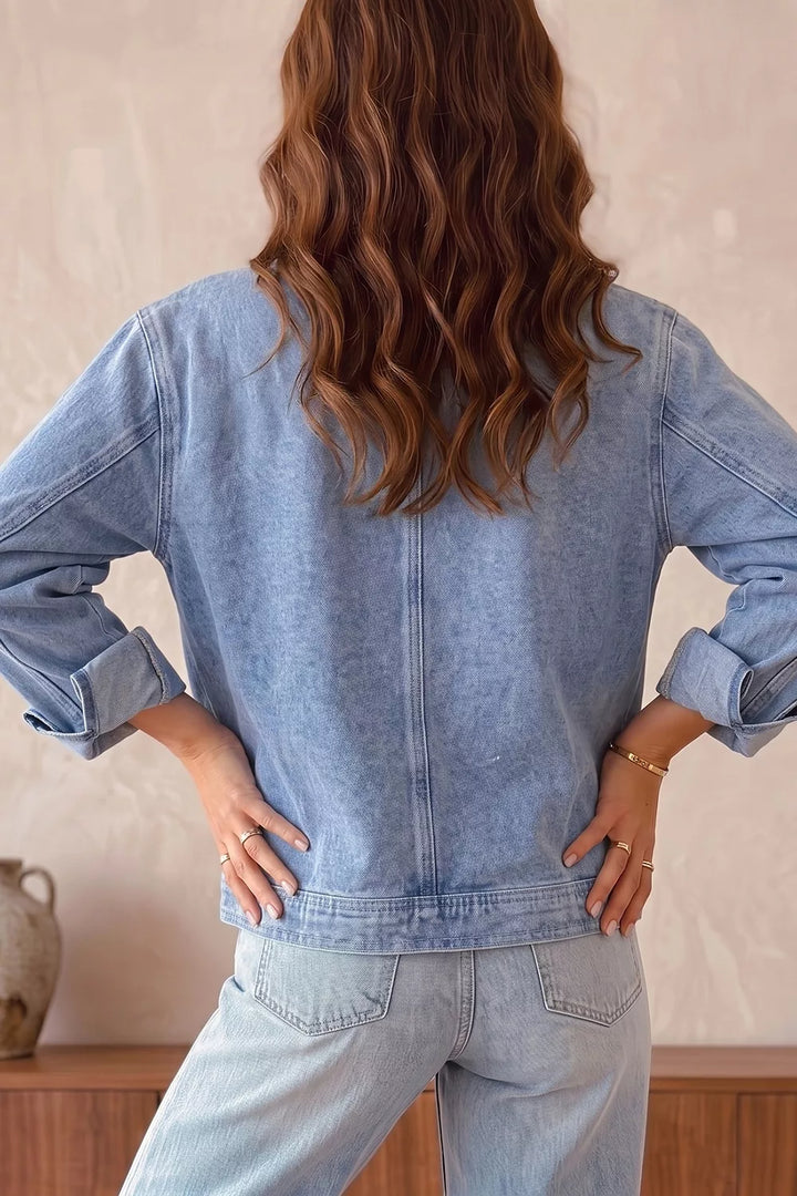 Studded zip-front cropped denim jacket with patch pockets