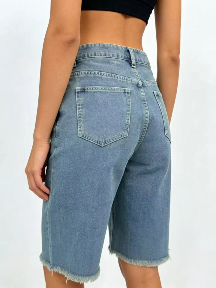 Frayed hem mid-rise relaxed Bermuda denim shorts