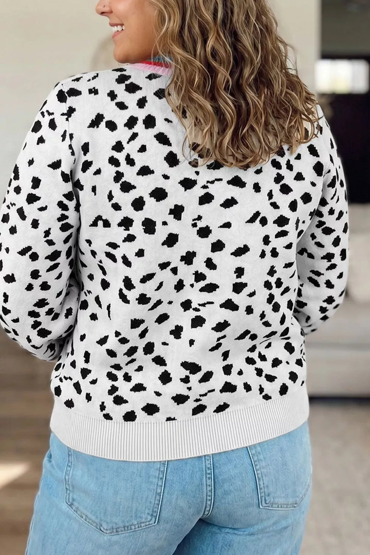 Animal print sweater with striped rib trim and balloon sleeves