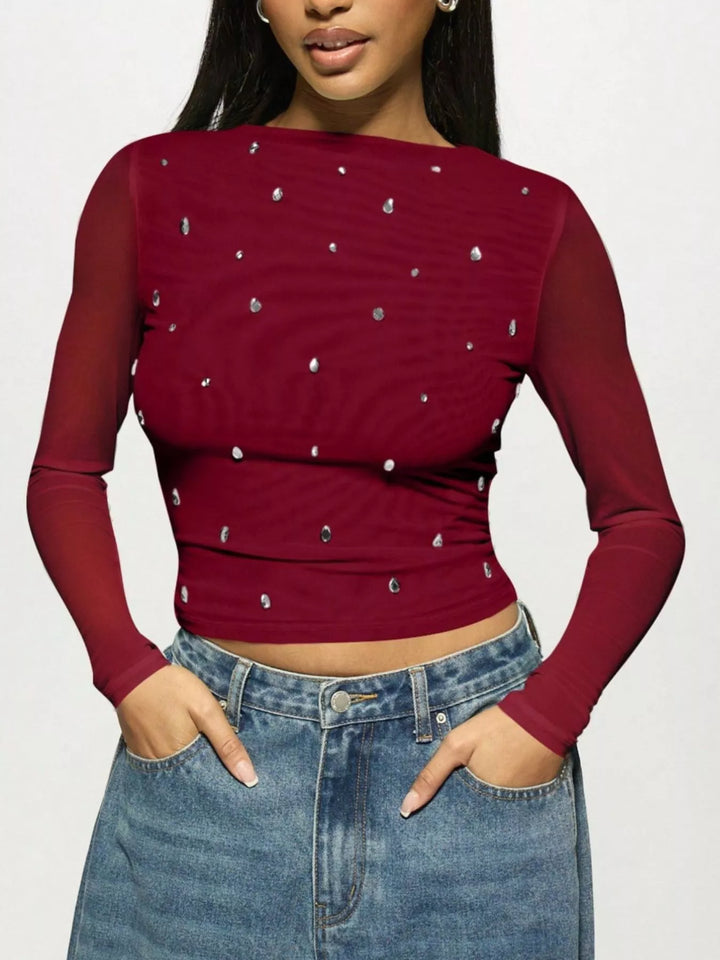 Burgundy Sheer mesh rhinestone long sleeve crop top