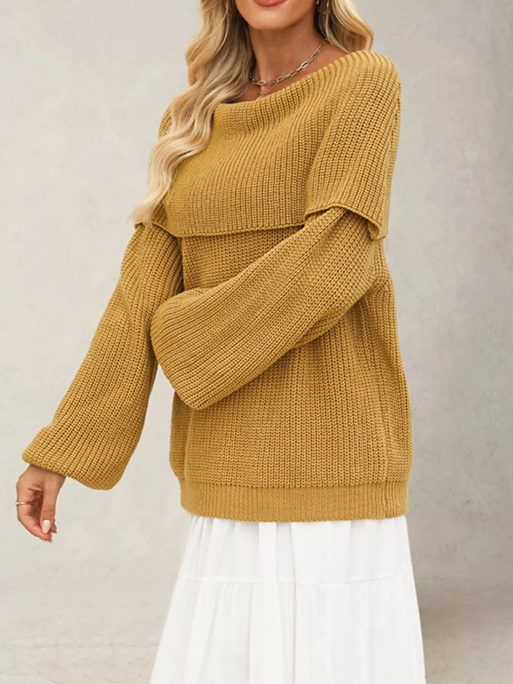 Off-shoulder ribbed knit sweater with foldover collar