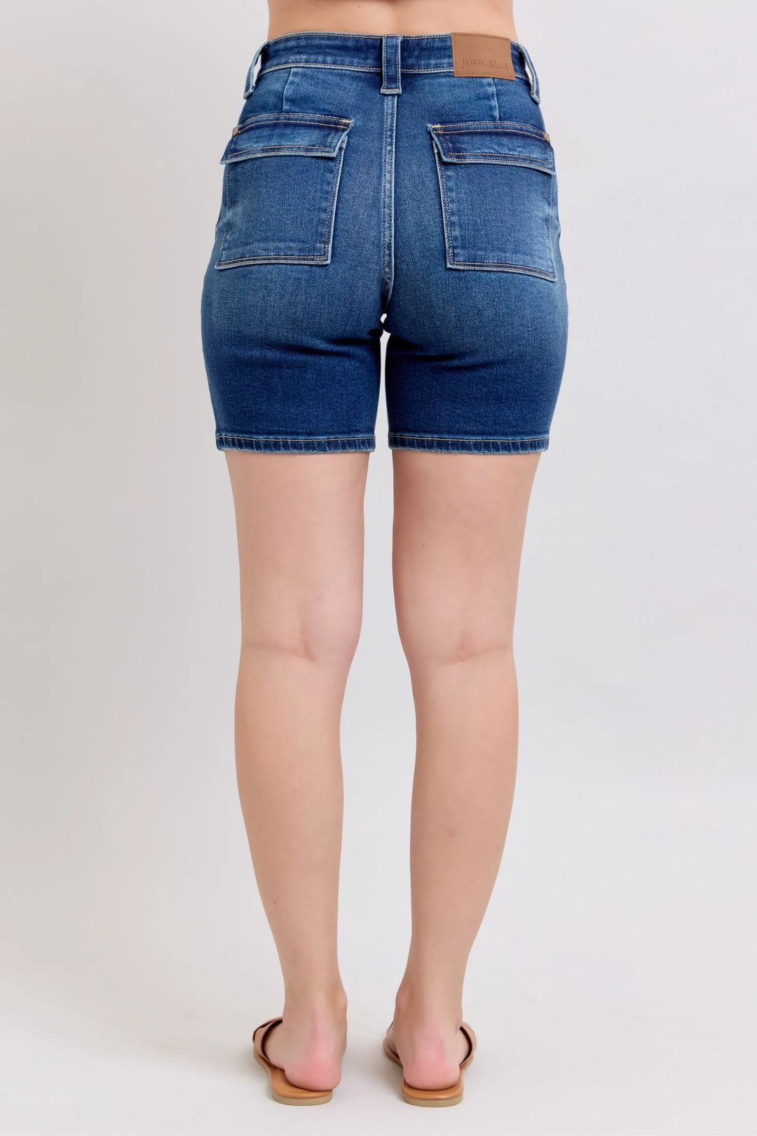 High-rise Bermuda denim shorts with back flap pockets