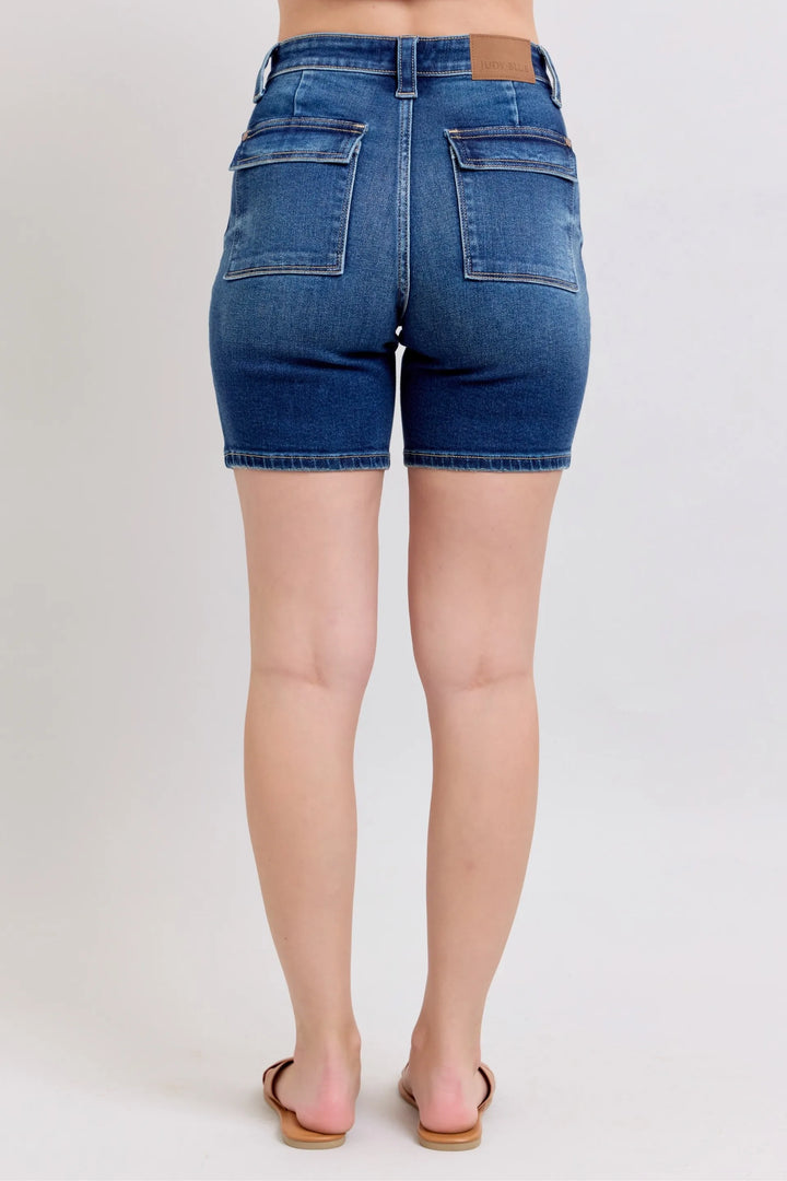 High-rise Bermuda denim shorts with back flap pockets