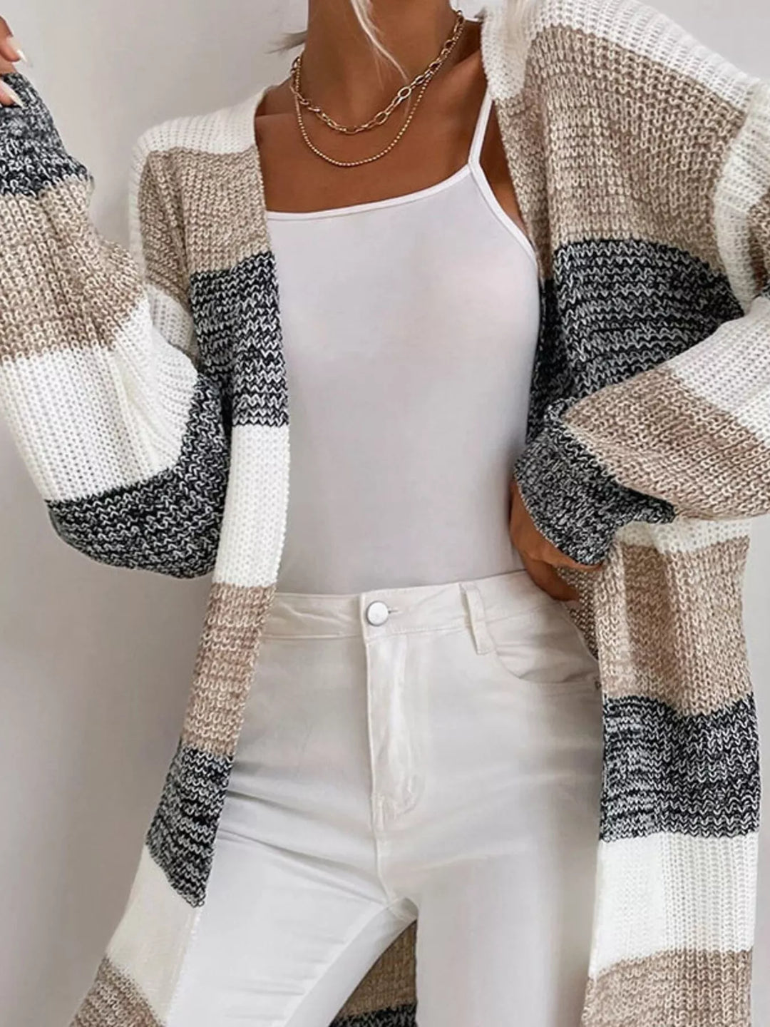 Color block striped open front longline cardigan