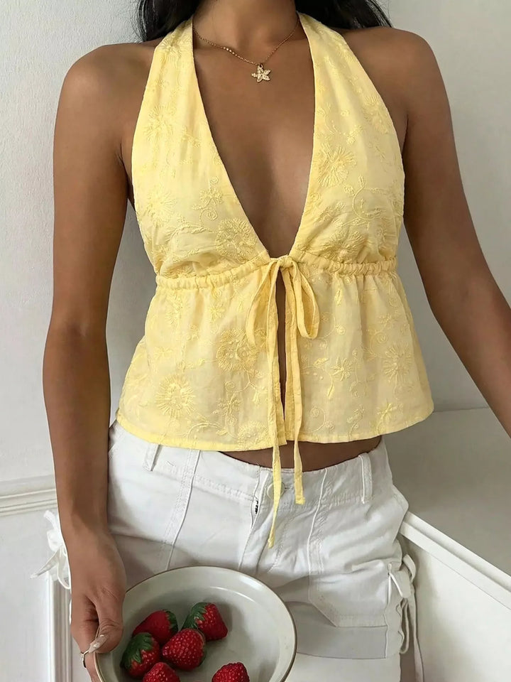 Embroidered halter plunge tie-front crop tank