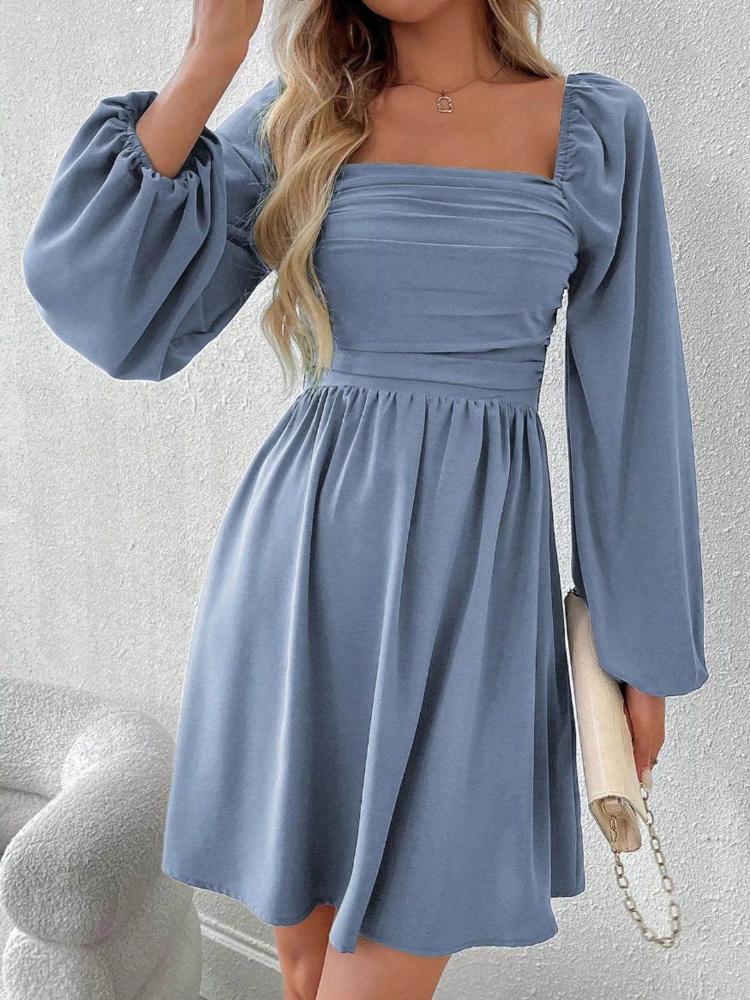 Ruched square-neck balloon sleeve A-line mini dress