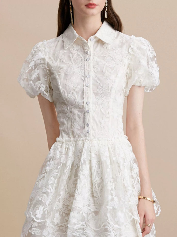 Floral lace puff sleeve mini dress with tiered skirt