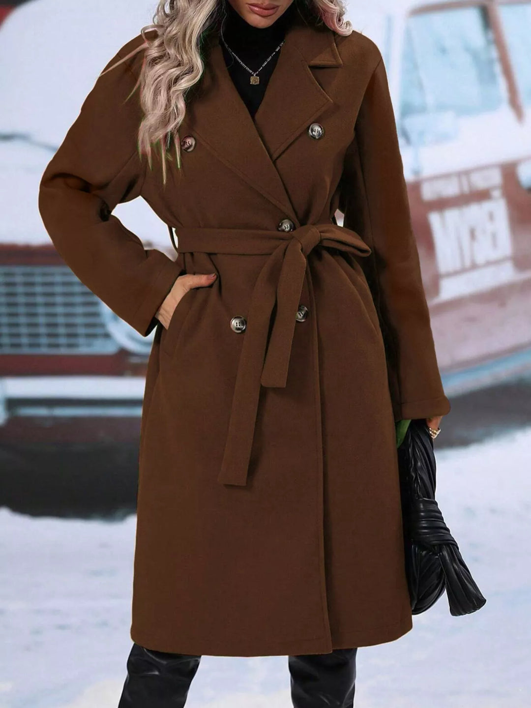 Double-breasted tie-waist long coat with notch lapels