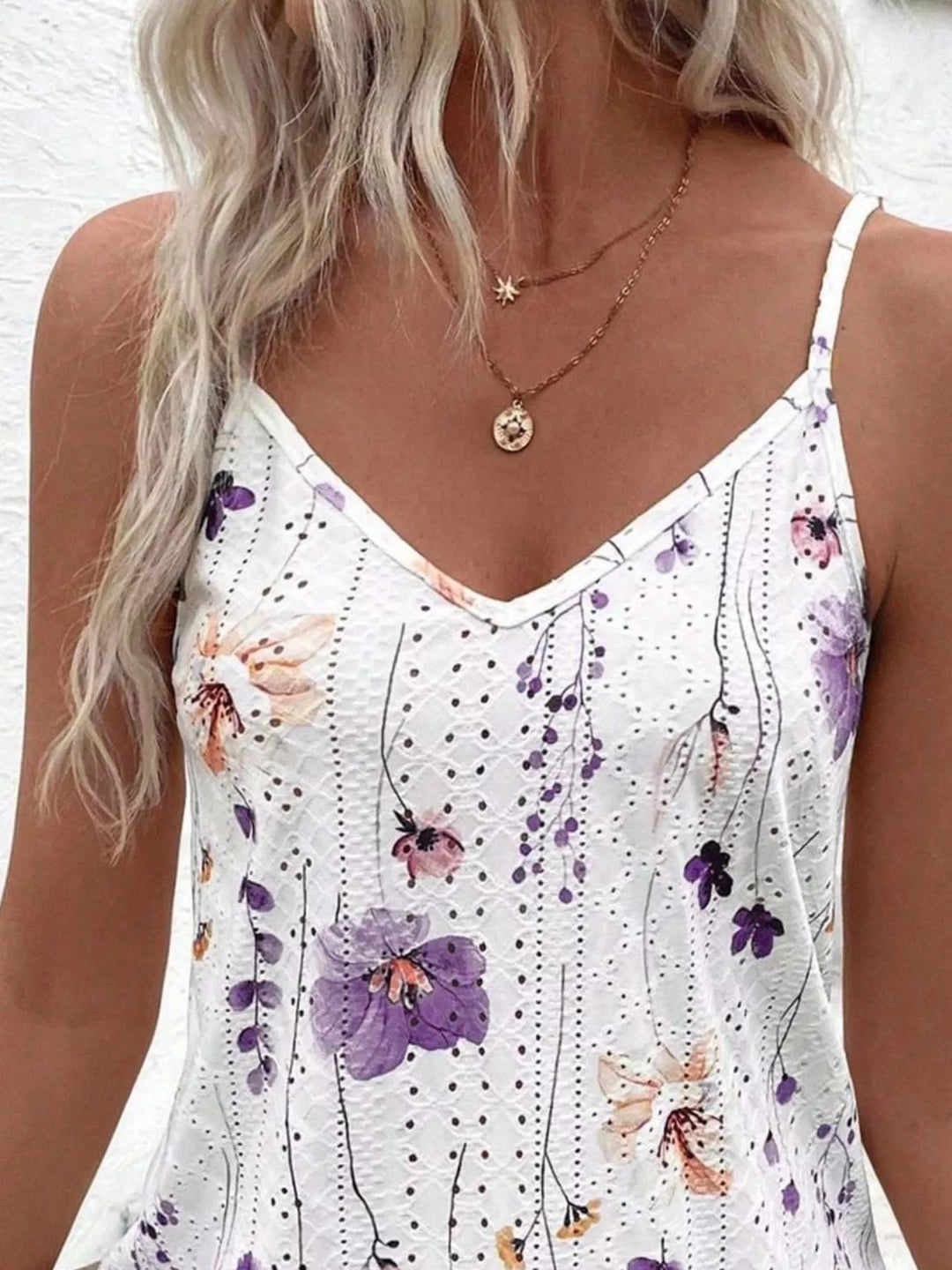Floral eyelet cami with V-neck and spaghetti straps