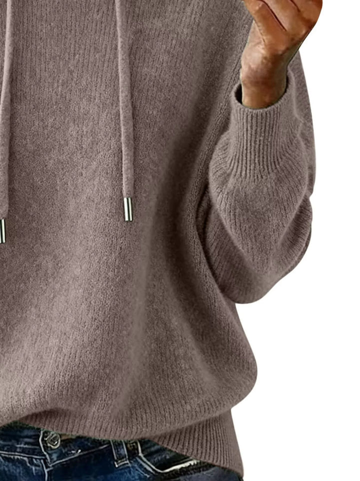 Drawstring hooded knit sweater with ribbed cuffs