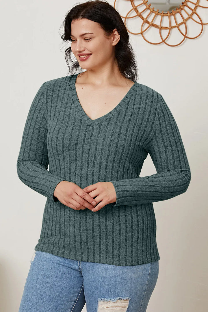 Ribbed v-neck long sleeve knit top