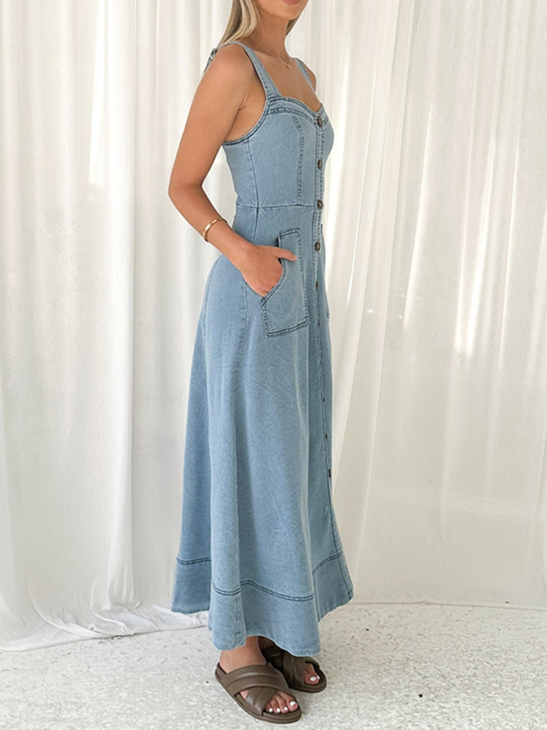 Sleeveless button-front A-line denim maxi dress