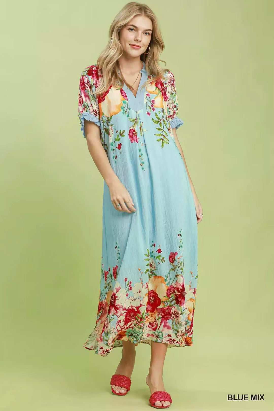 Mixed floral border print midi dress with tie belt