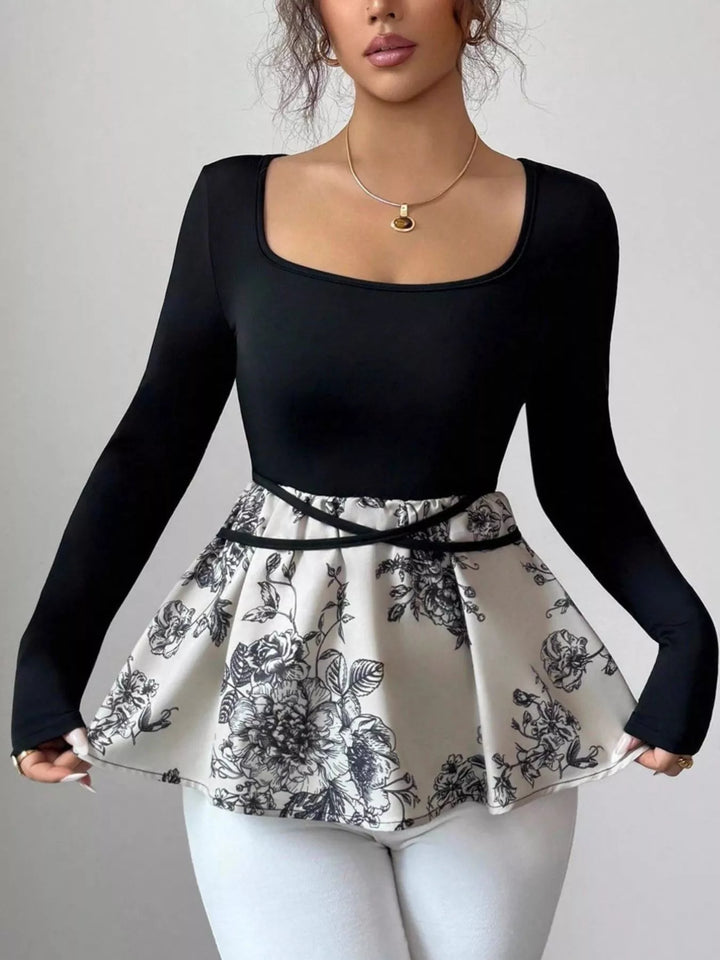 Square neck floral peplum long sleeve top